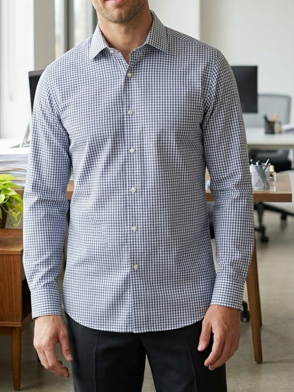 Bonobos Blue White Gingham Checkered Slim Fit Dress Shirt 16.5 36 Business